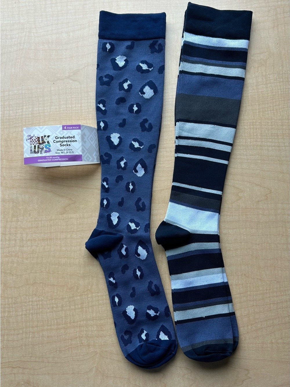 NWT Muk Luks Graduated Compression Socks Lot of 2 Pairs Stripes & Leopard M/L